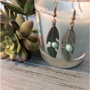 UNIQUE Rustic Antique Gold Blue Patina Leaf Faux Turquoise Dangle Earrings